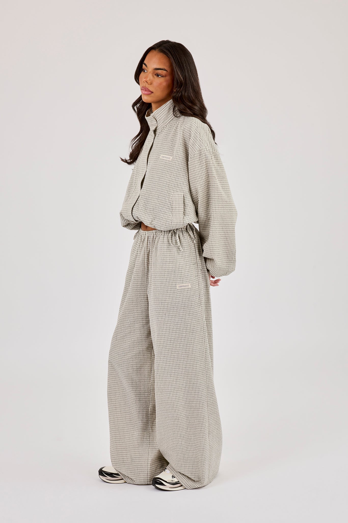 Check Twill Funnel Neck Jacket & Wide Leg Trouser Off White
